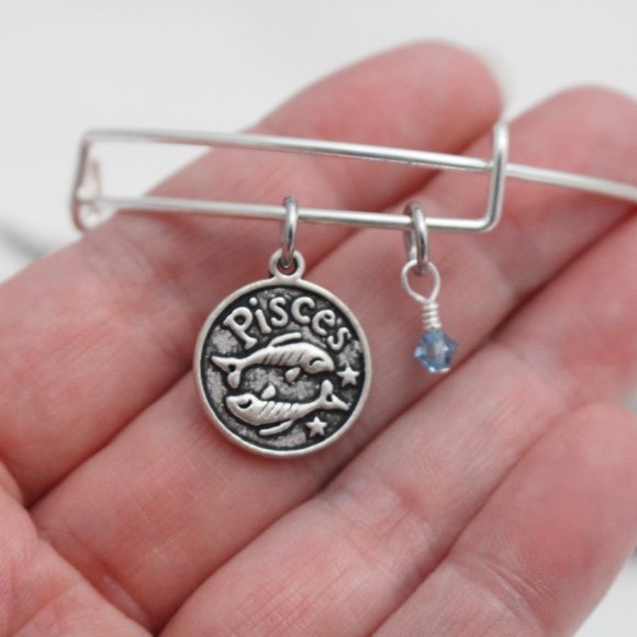March Pisces Adjustable Charm Bangle - Handmade Zodiac Bracelet - Picture 5 of 11